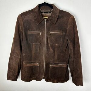 I. e. Relaxed Petite Woman Brown Suede Leather Jacket with Four Zipper Pockets